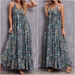 Boho Green Floral Print Ruffle Cami Maxi Dress Cottagecore